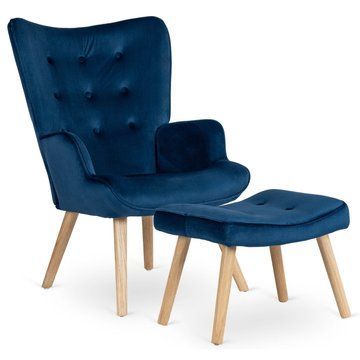 Кресло мягкое бархатное с подставкой для ног MEBEL ELITE LOZANO Velvet Синий
