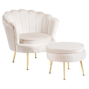 Кресло мягкое с подставкой MEBEL ELITE GRAND Welur Кремовый